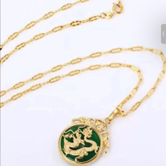 24K Gold Plated Dragon Pendant Malaysia Jade & Chain Necklace 7/8”. - Picture 6 of 8